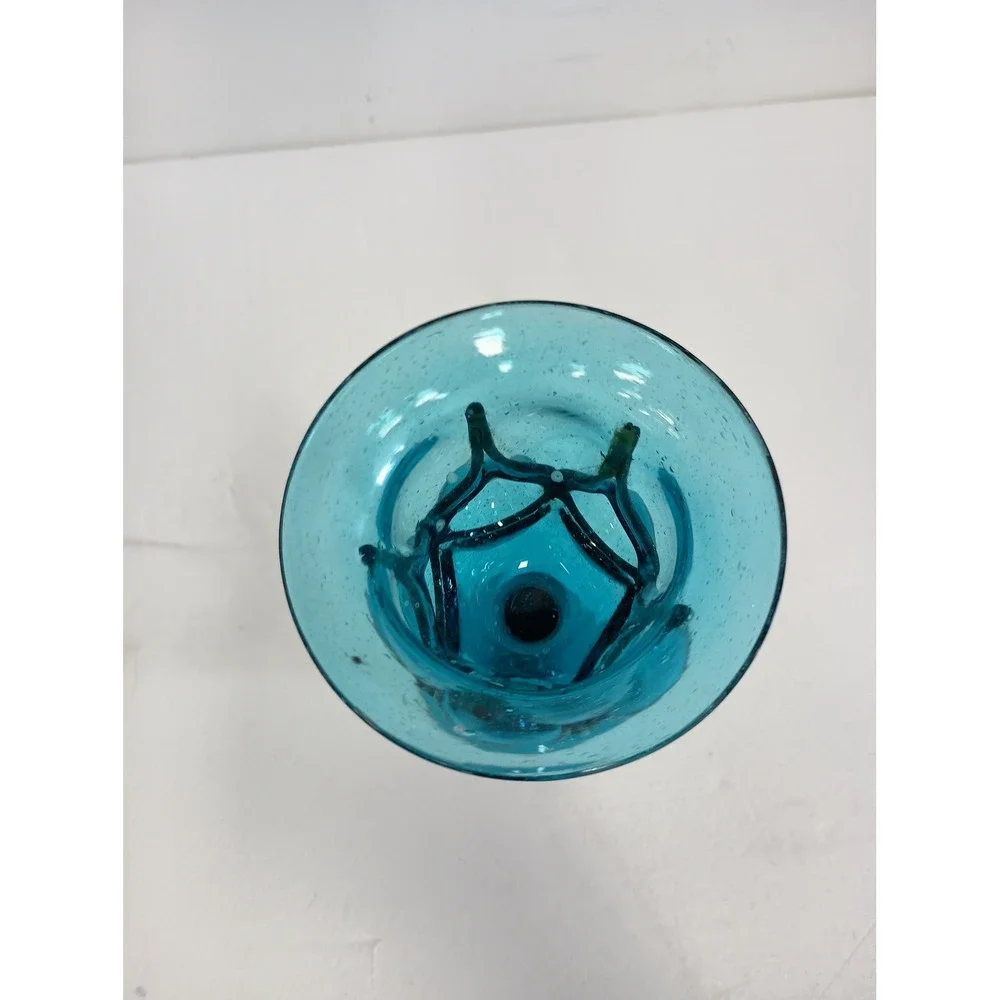 Vintage Hand Blown Glass Goblet Candle Holder Blue Wrought Iron Cage 9in
